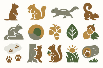 Obraz premium Least Chipmunk Wildlife Icon Set with Tracks and Nature Symbols