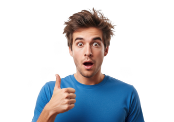 Young man with tousled hair and wide eyes gives a thumbs up gesture of approval isolated on transparent background