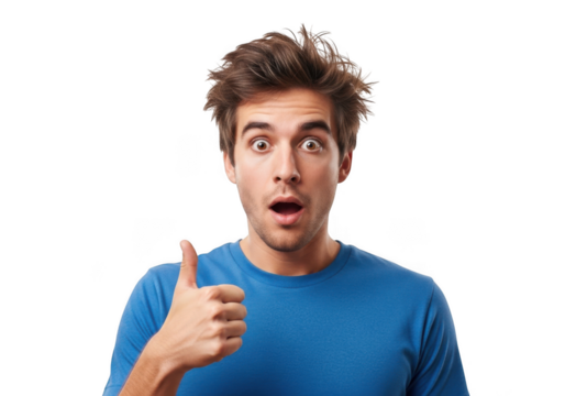 Young man with tousled hair and wide eyes gives a thumbs up gesture of approval isolated on transparent background