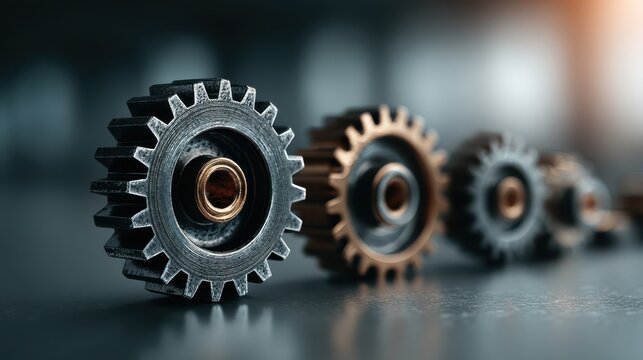A close-up view of interlocking gears, showcasing their metallic texture and intricate design, symbolizing machinery and engineering.