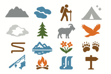 Alpine Lakes Wilderness Adventure Icon Set with Wildlife and Nature Symbols