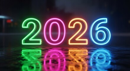 Colorful neon lights spell out 2026 with reflection