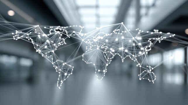 A digital representation of a world map interconnected by lines and nodes, symbolizing global networking and connectivity.