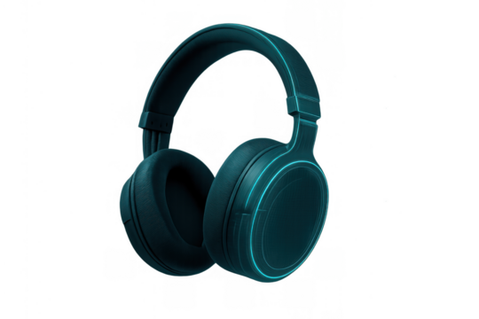 Wireless headphones with glowing cyan details, representing modern audio technology, gaming, and immersive sound experience