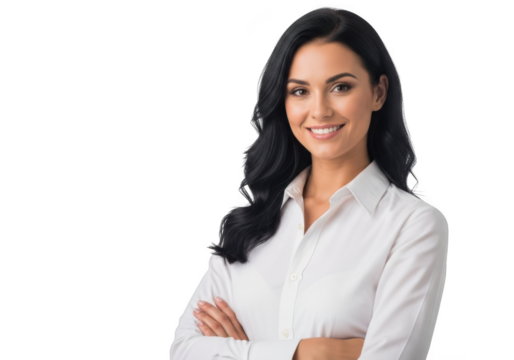 Professional young woman with dark wavy hair smiling confidently with arms crossed isolated on transparent background - Powered by Adobe