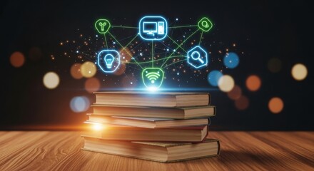 Stack of books with glowing digital icons network, symbolizing learning and technology.