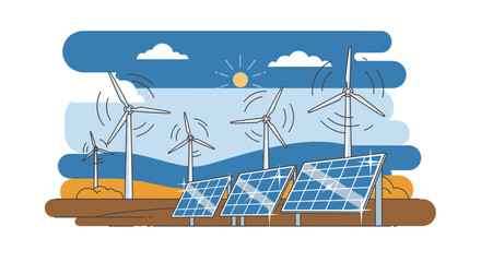 Fototapeta premium Wind turbines and solar panels in a flat design illustration showcasing renewable energy sources for sustainable power generation isolated on white background