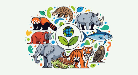 Endangered animals illustration featuring a diverse group of species around the Earth vector graphic for conservation and environmental awareness