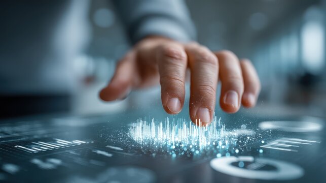 A hand interacts with a digital interface, displaying sound waves and data visualizations, representing advanced technology and user engagement.