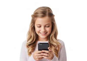 Young caucasian girl with long blonde wavy hair smiling while looking at her smartphone isolated on transparent background