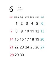 Simple Tall 2026 June Calendar