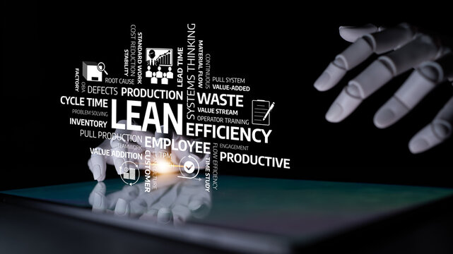 A conceptual image showing hands interacting with a digital interface that displays keywords related to lean production, efficiency, and continuous improvement in business processes. Tessel