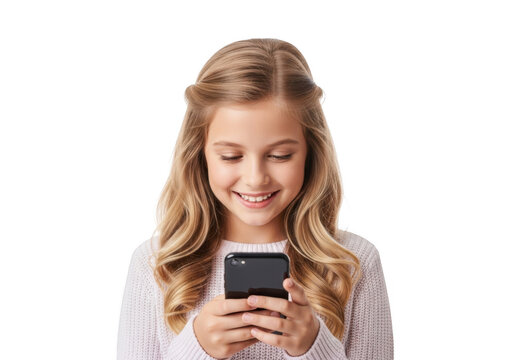 Young caucasian girl with long blonde wavy hair smiling while looking at her smartphone isolated on transparent background - Powered by Adobe