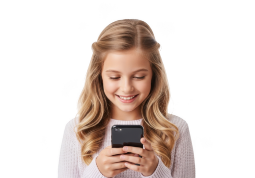 Young caucasian girl with long blonde wavy hair smiling while looking at her smartphone isolated on transparent background - Powered by Adobe