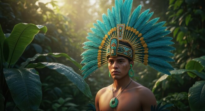 A striking portrait of an aztec warrior adorned with turquoise feathers in a sunlit jungle backdrop