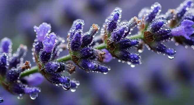 Close up macro shot of lavender flowers with dew drops glistening on the petals plant nature - Powered by Adobe