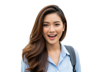 A young asian woman with long brown hair and a bright smile wearing a blue shirt and backpack isolated on transparent background