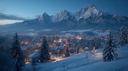 Snowy village nestled beneath majestic mountains at twilight in winter scene, winter background