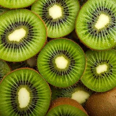 Overhead shot of numerous freshly sliced kiwi fruits with bright green flesh, brown seeds, and fuzzy exterior, displayed in close-up
