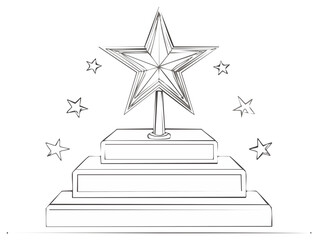 Star shaped award trophy with a tiered pedestal and surrounding stars line art sketch