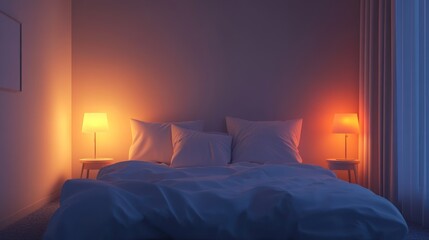 Cozy bedroom at night. Soft light, white bedding