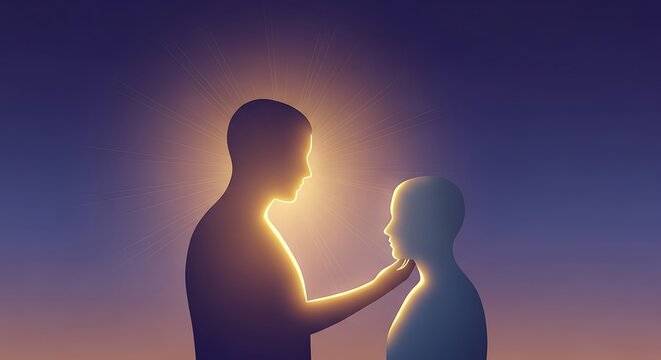 Silhouette of a glowing mentor figure touching another person's chin at sunrise or sunset