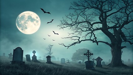 A spooky halloween graveyard scene with tombstones, a large tree, bats flying in the moonlight, and a foggy atmosphere creating an eerie and mysterious mood