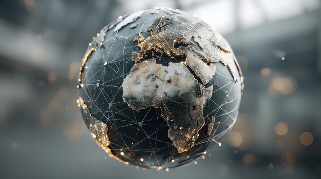 A digitally rendered globe with a focus on Africa, showcasing a network of golden lines and a modern, abstract design.