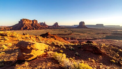 Expansive desert vista featuring towering sandstone formations under a clear blue sky, bathed in warm sunlight. Rugged landscape stretches afar