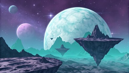 A captivating vista of floating islands and celestial bodies, with planets and moons illuminating the sky, creating an ethereal and otherworldly landscape of wonder