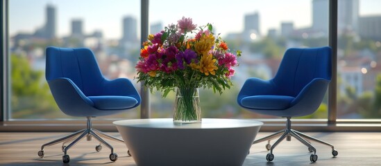 Modern Office Setting with Colorful Flowers