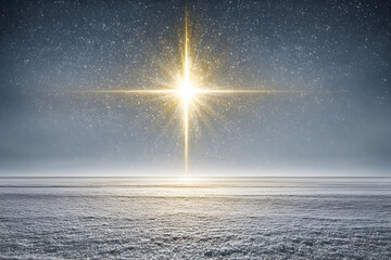 A glowing Christmas star shining above a peaceful snowy landscape, symbolizing hope and divine guidance
