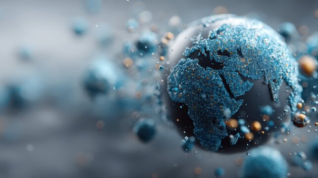 A digital globe representation showcasing Earth with a blue, pixelated design against a blurred background. - Powered by Adobe