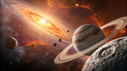 A breathtaking view of a vibrant and colorful galaxy, featuring planets, moons, and a distant sun, all set against a backdrop of swirling nebulae and cosmic dust