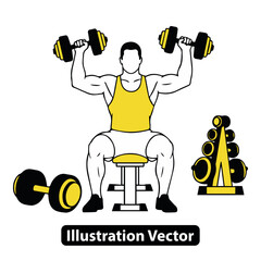 Man lifting weights on bench press with dumbbell rack in gym illustration