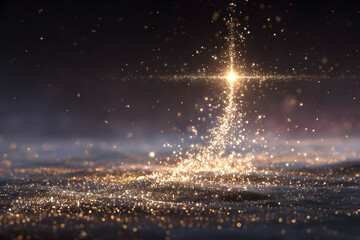 Abstract concept of Christmas spirit, light emerging from darkness, golden sparkles forming a gentle cross shape