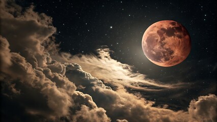 A captivating view of a blood moon rising through clouds, set against a starry sky, creating a sense of mystery and wonder in the night