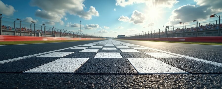 Racetrack road leads to finish line. Checkered flag marks the end of the race. Racing event at sunny day. Asphalt track with white lines. Sport competition on circuit.