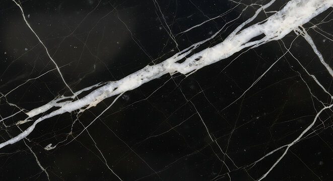 Dramatic luxury texture of black marble featuring a thick, bold white vein contrasted with hairline fissures