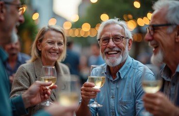 Happy senior friends enjoy outdoor evening party in city. Elderly men, women laugh, smile, drink white wine. Group of mature adults socialize, toast, share good conversation, fun together,