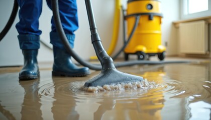 Worker cleans flooded house. Person uses wet vacuum for water removal. Service professional extracts liquid from floor. Blue safety boots protect legs. Clean up after burst pipe incident on property.