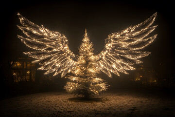 A Christmas tree whose lights form angelic wings glowing in the night, symbolizing divine love and joy