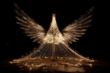 A Christmas tree whose lights form angelic wings glowing in the night, symbolizing divine love and joy