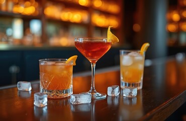 Three colorful cocktails on bar counter. Drinks with ice cubes garnished with orange peel. Background soft lights ambiance lounge restaurant bar. Refreshing alcoholic beverages ready.