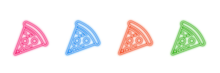 Neon glowing pizza slice vector icons set, food, fast food, meal, restaurant, italian, glowing, multicolor, vibrant, modern digital design illustration on transparent background.