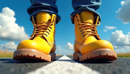 Yellow work boots stand on an asphalt road under a bright blue sky with white clouds. The perspective emphasizes forward motion and the start of a journey.