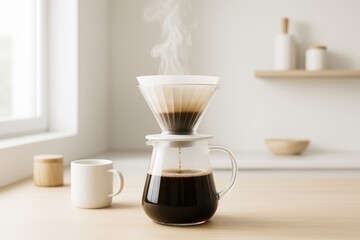 Obraz premium Pour-over coffee brewing with steam rising in a minimal kitchen setting with soft natural light and neutral background tones. Ai generative. Ai generative