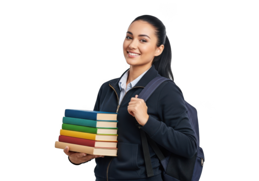Smiling young woman in school uniform holding a stack of colorful books with a backpack on isolated on transparent background