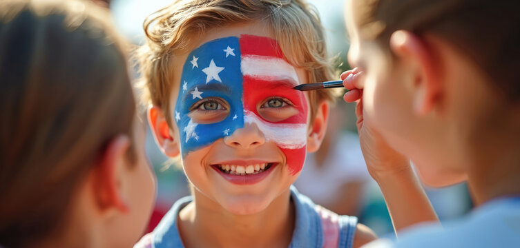 Young boy with American flag face paint smiles happily at outdoor event. Artist applies red white blue colors. Kids celebrate summer holiday with fun.