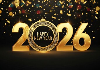 Happy new year 2026 golden celebration with falling confetti